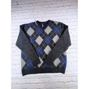 Club Room Sweater Mens L Grey Argyle Good Lambswool V-Neck Knit Pullover
